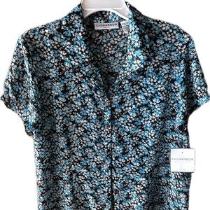 NWT Sag Harbor Women's Brown and Aqua leaf pattern Button Down Collared Shirt